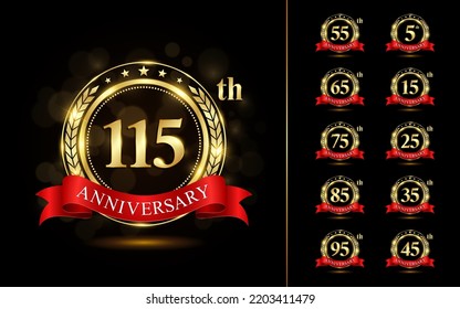 Set of anniversary logotype with golden text. Golden anniversary celebration emblem design for booklet, leaflet, brochure, poster, web, invitation or greeting card. Vector illustration.