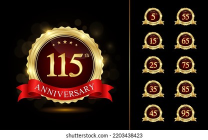 Set of anniversary logotype with golden text and ribbon. Golden anniversary celebration emblem design for booklet, leaflet, brochure, poster, web, invitation or greeting card. Vector illustration.
