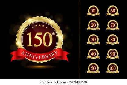 Set of anniversary logotype with golden text and ribbon. Golden anniversary celebration emblem design for booklet, leaflet, brochure, poster, web, invitation or greeting card. Vector illustration.
