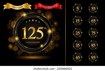 Set of anniversary logotype with golden text and ribbon. Golden anniversary celebration emblem design for booklet, leaflet, brochure, poster, web, invitation or greeting card. Vector illustration.