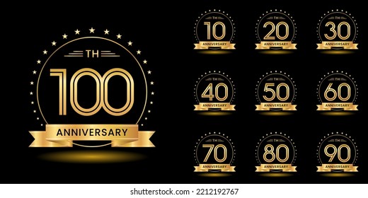 Set of anniversary logotype with golden text, anniversary celebration template design isolated on black background. vector template illustration