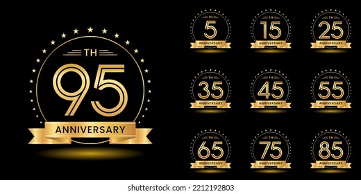 Set of anniversary logotype with golden text, anniversary celebration template design isolated on black background. vector template illustration