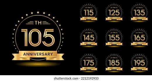 Set of anniversary logotype with golden text, anniversary celebration template design isolated on black background. vector template illustration