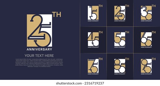 set of anniversary logotype golden and white color in square for special celebration event svg