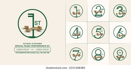 conjunto de logotipo de aniversario color verde en círculo y cinta marrón para la celebración especial