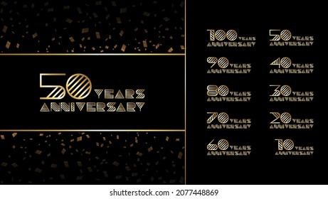 Juego de logotipo de aniversario con color oro de estilo de línea para invitación, tarjeta de saludo, momento precioso y evento de celebración, vector, plantilla, ilustración