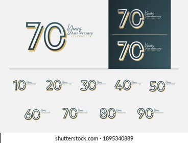 Set of anniversary logotype with minimalism gold, silver and blue color style for celebration event. Vector Template Design Illustration.