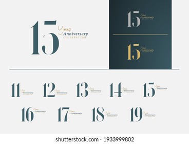 Set of anniversary logotype with minimalism gold, silver and blue color style for celebration event. Vector Template Design Illustration. 