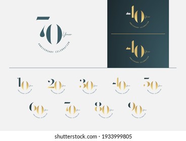 Juego de logotipo de aniversario con estilo minimalista de oro, plata y color azul para el evento de celebración. Ilustración de diseño de plantillas de vectores. 