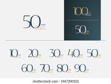 Set of anniversary logotype with minimalism gold, silver and blue color style for celebration event. Vector Template Design Illustration. 
