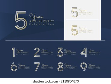 Set of anniversary logotype with minimalism gold, silver and blue color style for celebration event. Vector Template Design Illustration. 