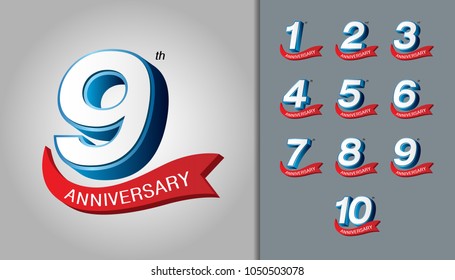 Set of anniversary logotype. Modern anniversary celebration emblem with red ribbon. Design for booklet, leaflet, magazine, brochure poster, web, invitation or greeting card. Vector illustration.