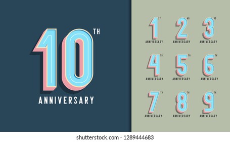 Set of anniversary logotype. Modern anniversary celebration with pastel color. Design for company profile, booklet, leaflet, magazine, brochure, invitation or greeting card. Vector illustration.