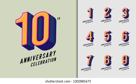 Set of anniversary logotype. Modern anniversary celebration icons. Design for company profile, booklet, leaflet, magazine, brochure, invitation or greeting card. Vector illustration.