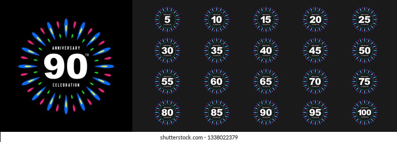 Set of anniversary logotype. Modern anniversary celebration emblem with colorful firework. Design for company profile, booklet, leaflet, magazine, brochure poster, web, invitation or greeting card.