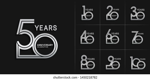 set of anniversary logotype with multiple line style silver color for invitation, greeting card, precious moment, and celebration event