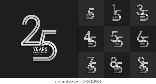 set of anniversary logotype with multiple line style silver color for invitation, greeting card, precious moment, and celebration event