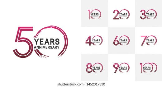 set of anniversary logotype with multiple line style purple color for celebration event, greeting card, invitation and wedding celebration
