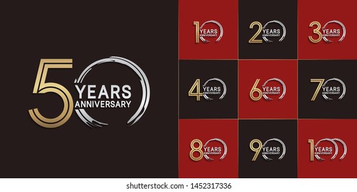 set of anniversary logotype with multiple line style gold and silver color for celebration event, greeting card, invitation and wedding celebration