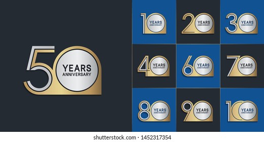 set of anniversary logotype with multiple line style gold and silver color for celebration event, greeting card, invitation and wedding celebration