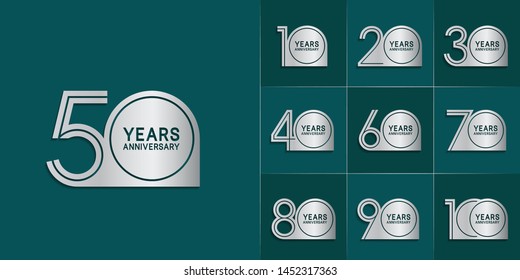 set of anniversary logotype with multiple line style silver color for celebration event, greeting card, invitation and wedding celebration