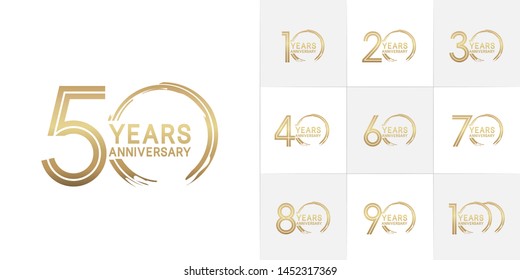 set of anniversary logotype with multiple line style gold color for celebration event, greeting card, invitation and wedding celebration