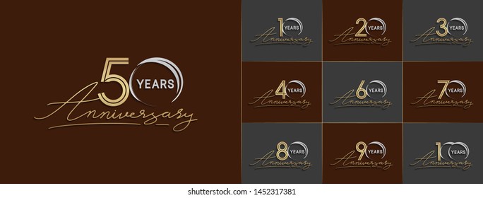 set of anniversary logotype with multiple line style gold and silver color for celebration event, greeting card, invitation and wedding celebration