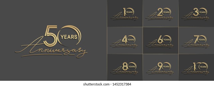 set of anniversary logotype with multiple line style gold color for celebration event, greeting card, invitation and wedding celebration