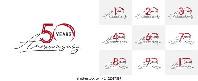 set of anniversary logotype with multiple line style black and red color for celebration event, greeting card, invitation and wedding celebration