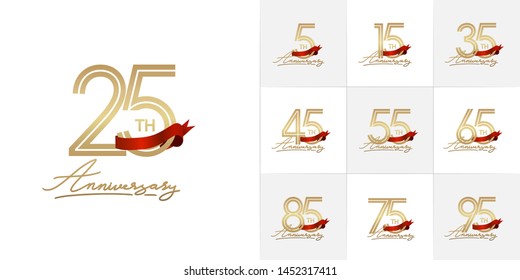 set of anniversary logotype with multiple line style gold color red ribbon for celebration event, greeting card, invitation and wedding celebration