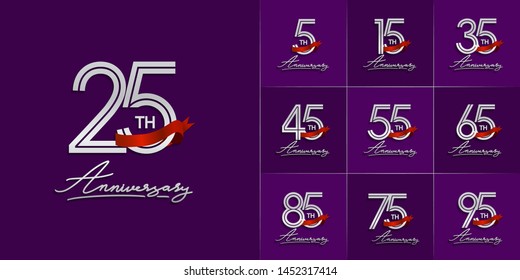 set of anniversary logotype with multiple line style silver color red ribbon  for celebration event, greeting card, invitation and wedding celebration