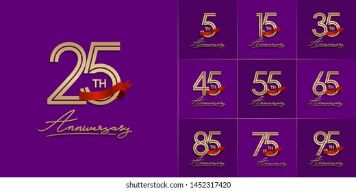 set of anniversary logotype with multiple line style gold color red ribbon  for celebration event, greeting card, invitation and wedding celebration