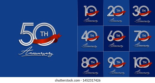 set of anniversary logotype with multiple line style silver color red ribbon  for celebration event, greeting card, invitation and wedding celebration