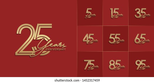 set of anniversary logotype with multiple line style gold color for celebration event, greeting card, invitation and wedding celebration