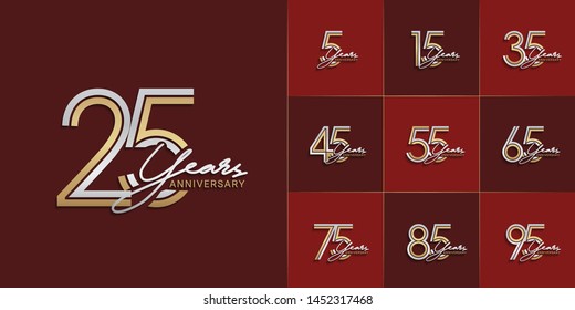 set of anniversary logotype with multiple line style gold and silver color for celebration event, greeting card, invitation and wedding celebration