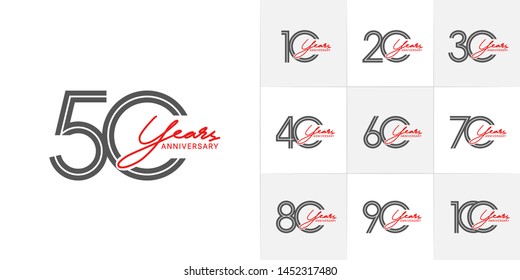 set of anniversary logotype with multiple line style black and red color for celebration event, greeting card, invitation and wedding celebration