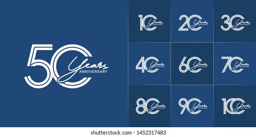 set of anniversary logotype with multiple line style white color for celebration event, greeting card, invitation and wedding celebration