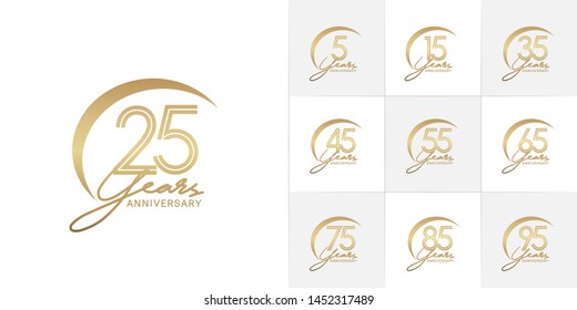 set of anniversary logotype with multiple line style gold color for celebration event, greeting card, invitation and wedding celebration