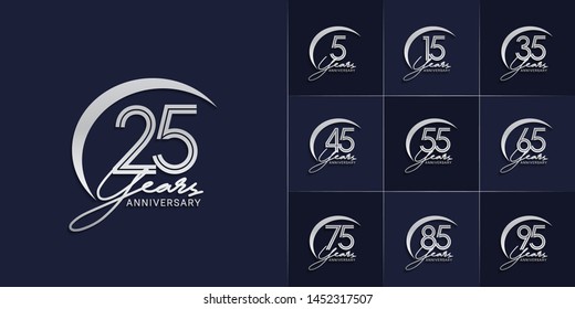 set of anniversary logotype with multiple line style silver color for celebration event, greeting card, invitation and wedding celebration