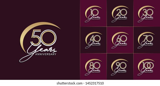 set of anniversary logotype with multiple line style gold and silver color for celebration event, greeting card, invitation and wedding celebration