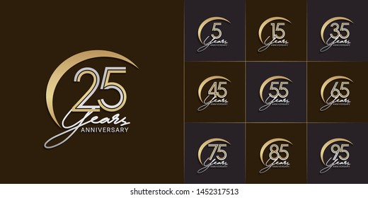 set of anniversary logotype with multiple line style gold and silver color for celebration event, greeting card, invitation and wedding celebration