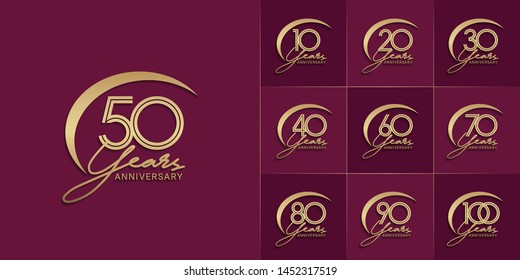 set of anniversary logotype with multiple line style gold color for celebration event, greeting card, invitation and wedding celebration