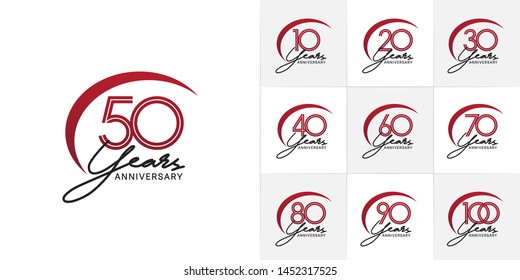 set of anniversary logotype with multiple line style red and black color for celebration event, greeting card, invitation and wedding celebration