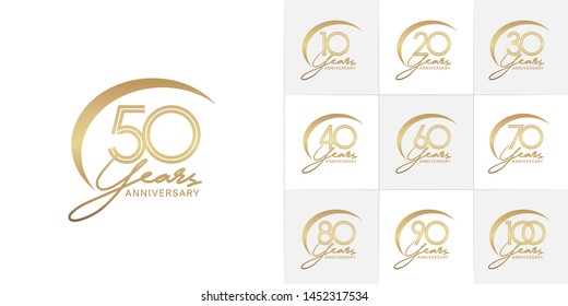 set of anniversary logotype with multiple line style gold color for celebration event, greeting card, invitation and wedding celebration