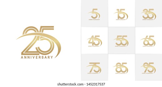 set of anniversary logotype with multiple line style gold color for celebration event, greeting card, invitation and wedding celebration