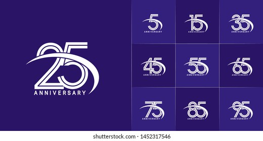 set of anniversary logotype with multiple line style white color for celebration event, greeting card, invitation and wedding celebration