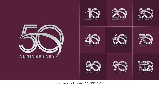 set of anniversary logotype with multiple line style silver color for celebration event, greeting card, invitation and wedding celebration