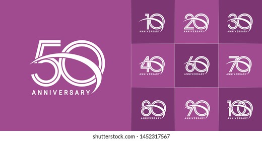 set of anniversary logotype with multiple line style white color for celebration event, greeting card, invitation and wedding celebration