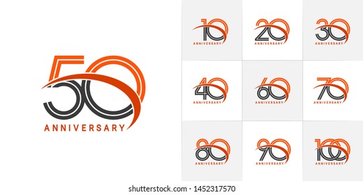 set of anniversary logotype with multiple line style black and orange color for celebration event, greeting card, invitation and wedding celebration