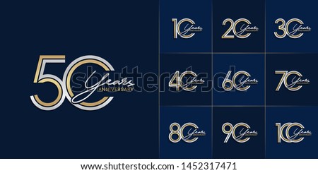 set of anniversary logotype with multiple line style gold and silver color for celebration event, greeting card, invitation and wedding celebration